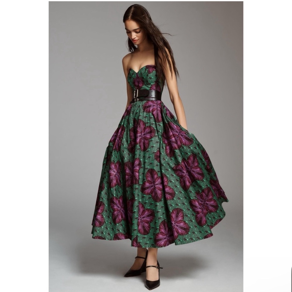 Sika Green Strapless Floral Midi Dress with Purple Flowers